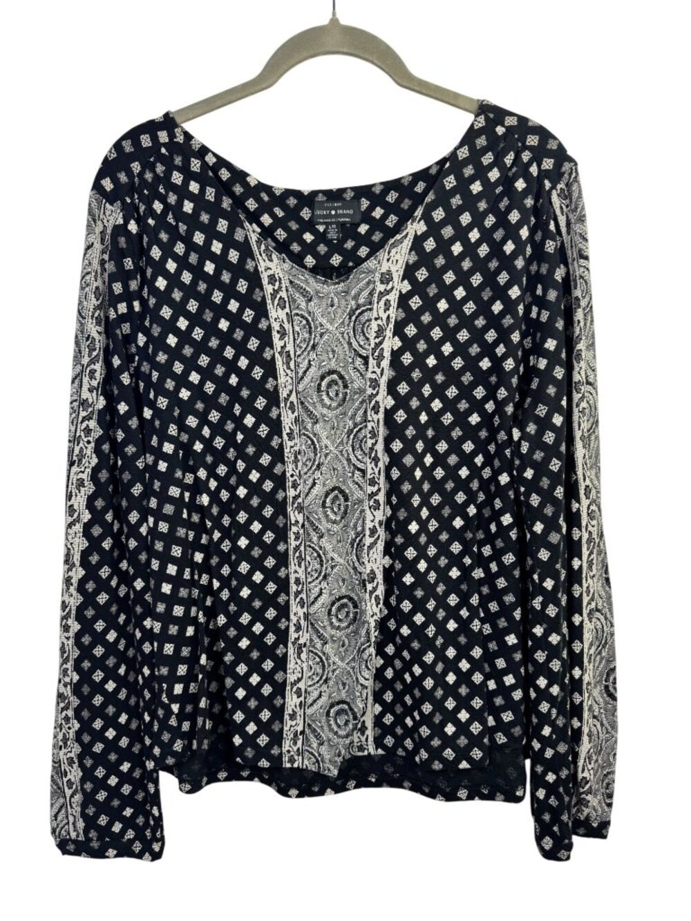 Lucky Brand Womens Black White Boho Paisley Long Sleeve Top Size Large